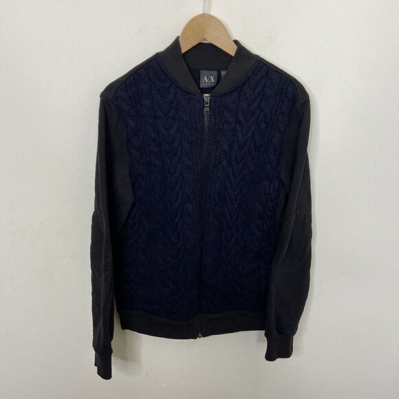 A/E Armani Exchange Men M Cable Knit Sweater Zip Jacket Blue Black Wool Blend - Picture 1 of 8